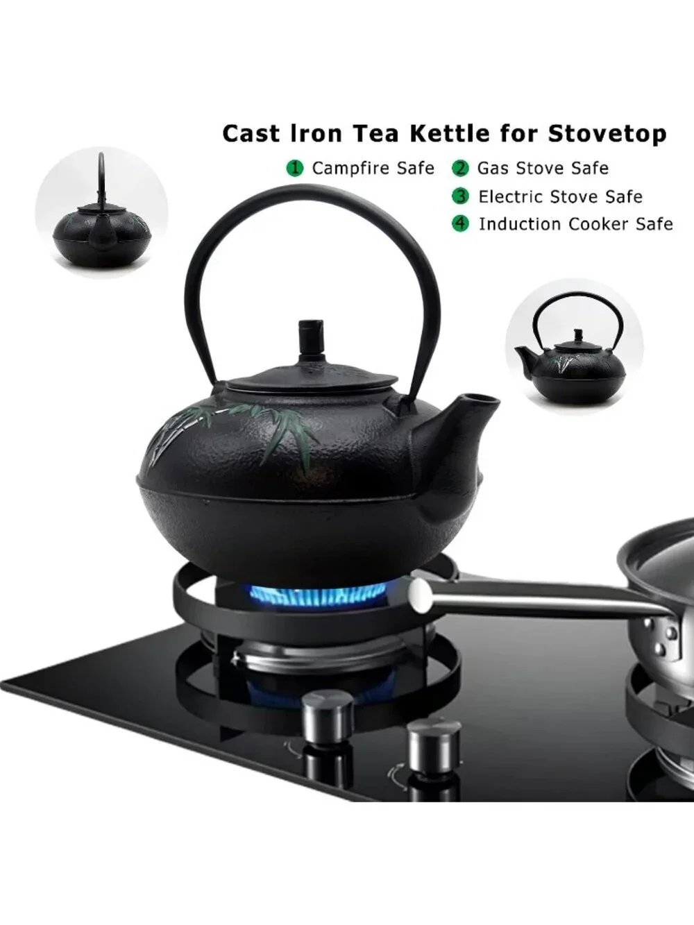 Black Cast Iron Kitchen Japanese Tea Pot 84.6oz 2500ml Stovetop Bamboo Infuser